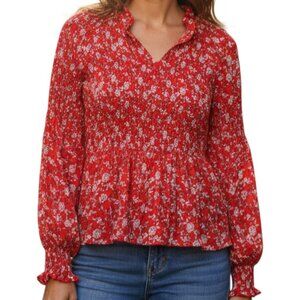 ROSE+OLIVE Red Cream Long Sleeve Floral Elastic Smocked Blouse - Size Small